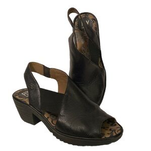 Fly London Wily Black Leather Comfort Sandal 40/9.5 Block Heel